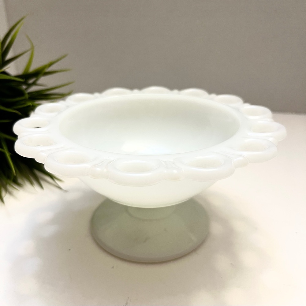 Anchor Hocking Old Colony Lace Edge Milk Glass Pedestal Bowl